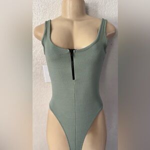 OOTDFash Sage Green mint one piece Ribbed Bodysuit half zip up sexy Size